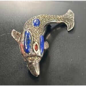 Dolphin Brooch Pin Sterling Silver Marcasite Lapis Lazuli Garnet Vintage